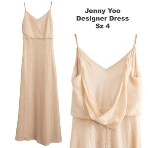 Jenny Yoo Champagne Wedding Dress Sz 4 Sequin Draped back Prom Homecoming Formal